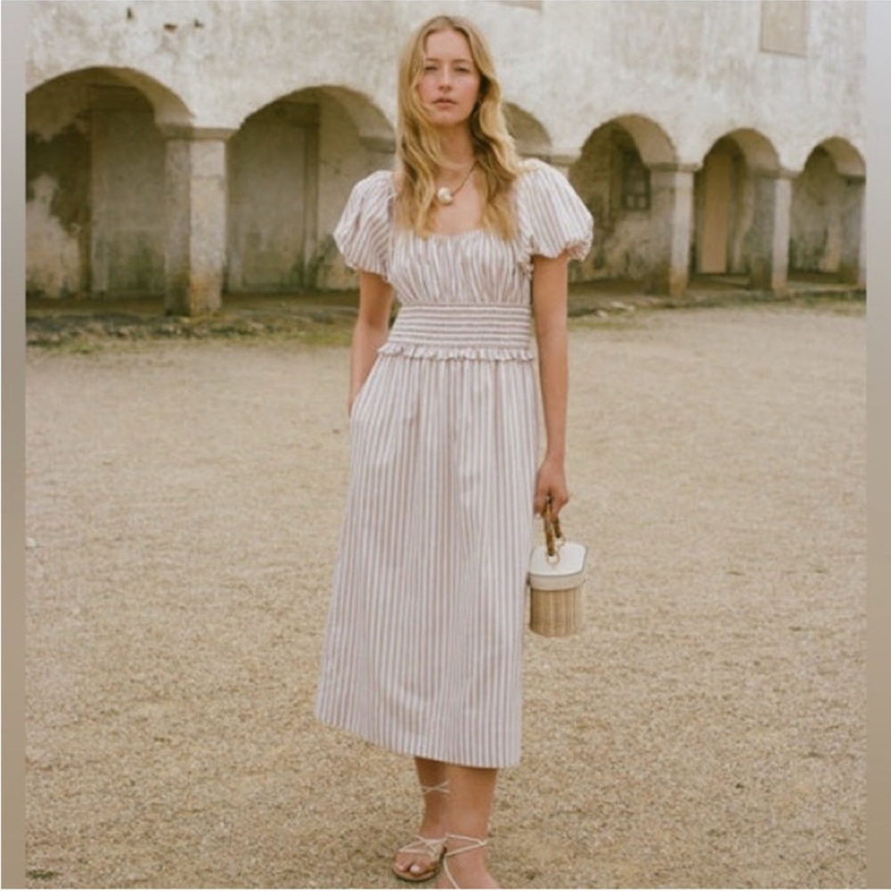 Tuckernuck Pomander Place Cream and Beige Striped Puff-Sleeve Midi Dress
